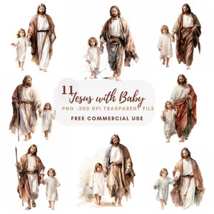 Pacchetto di clipart di Gesù Cristo 11 PNG di alta qualità, acquerello Gesù con bambino, download digitale, creazione di cartoline, supporti misti, artigianato in carta digitale/ 226
