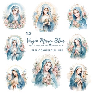 Clipart Vergine Maria, bundle 15 PNG di alta qualità, acquerello nostra Santa Maria, download digitale, creazione di cartoline, supporti misti, creazione di carta digitale/372