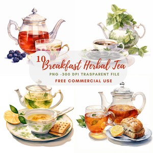 Clipart de chá de café da manhã PNG, pacote 10 JPG de alta qualidade, download digital de aquarela de chá de ervas, fabricação de cartões, artesanato em papel digital |