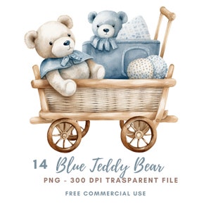 Clipart chambre d'enfant bleu ours en peluche PNG 14 de haute qualité, aquarelle ours en peluche c'est un garçon, baby shower, téléchargement numérique, créations numériques en papier | 475