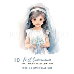 Clipart prima comunione PNG, pacchetto 10 alta qualità, ragazza blu che prega, download digitale, adesivi stampabili Goodnotes / 779