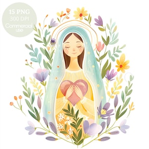 Clipart del Sacro Cuore Immacolato, bundle 15 di alta qualità, acquerello di Santa Maria, download digitale, creazione di cartoline, supporti misti, artigianato in carta digitale/248