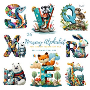 Paquete de 26 imágenes prediseñadas de letras del alfabeto para guardería, PNG de alta calidad, letras de animales de dibujos animados, pegatinas imprimibles, Goodnotes, descarga digital/836