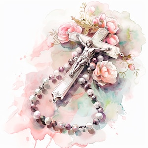 Pacchetto di clipart rosario fiore 14 PNG di alta qualità, acquerello croce rosa, download digitale, creazione di carte, supporti misti, artigianato in carta digitale/ 235
