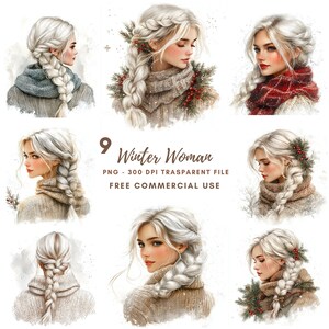 Pacchetto di clipart di donna invernale, 9 PNG di alta qualità, donna di Natale ad acquerello, adesivi stampabili Goodnotes, download digitale/ 578