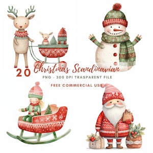 Clipart di Babbo Natale di Natale, Pacchetto 20 PNG di alta qualità, Acquerello scandinavo invernale, Adesivi stampabili Goodnotes, Download digitale/ 580