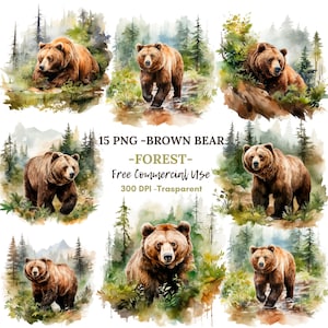 Braunbär Wald Clipart PNG, Bündel 15 hochwertige JPG, digitaler Download, Aufkleber, Kartenherstellung, Mixed Media, digitales Papierhandwerk 81