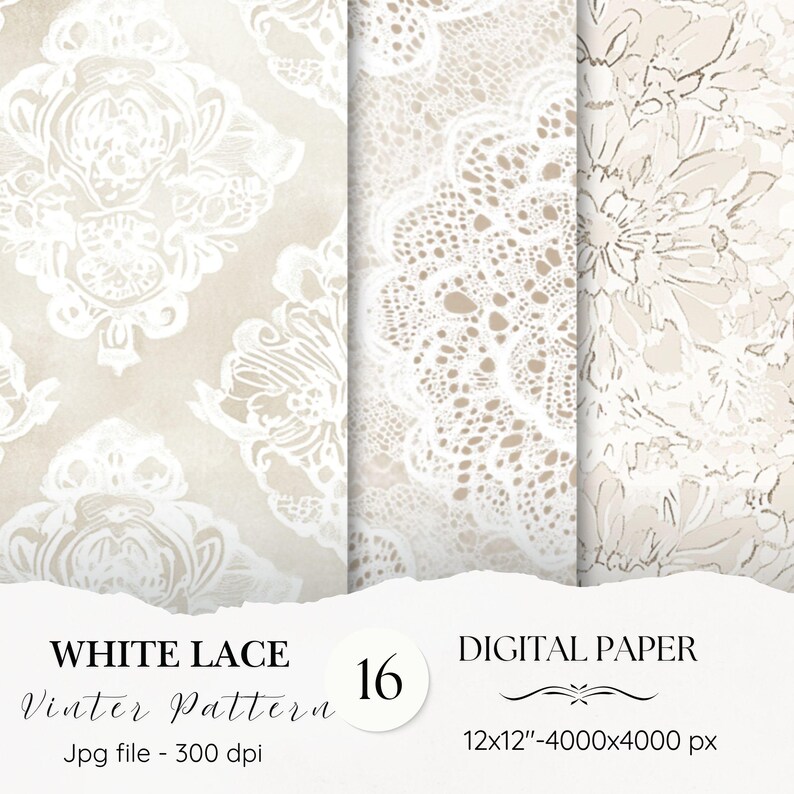 White Lace Digital Paper Pack-16 Vintage Scrapbook Junk Journal Papers ...