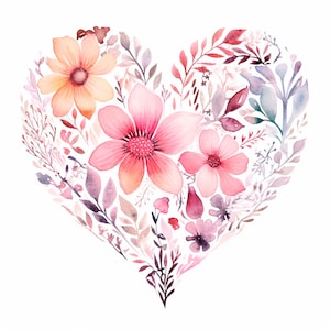 Bundle de 12 cliparts coeur fleur PNG haute qualité, guirlande de fleurs aquarelle, autocollants, téléchargement numérique, fabrication de cartes, créations artisanales en papier numérique | 333