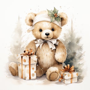Orsacchiotto di Natale, Clipart ad acquerello PNG, 15 JPG di alta qualità, Download digitale, Creazione di cartoline, Supporti misti, Mestiere con carta digitale/ 6