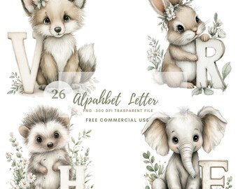 May include: Charming watercolour illustrations featuring animals and alphabet letters. A fox with the letter 'V', a rabbit with 'R', a hedgehog with 'H', and an elephant with 'E'. Text reads '26 Alphabet Letter' and 'Free Commercial Use'.