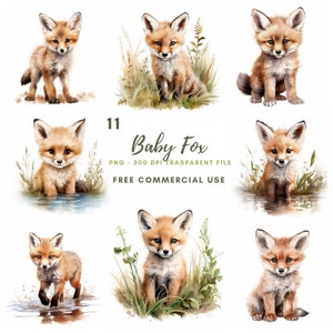 Bébé renard Clipart PNG, lot de 11 PNG haute qualité, aquarelle renard en téléchargement numérique, autocollants imprimables, fabrication de cartes, création numérique en papier | 436