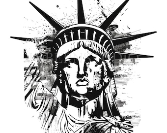 May include: Black and white illustration of the Statue of Liberty with a grunge effect. The image is a close-up of the face and crown of the statue.