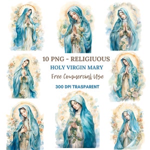 Clipart Vergine Maria, bundle 10 PNG di alta qualità, acquerello vintage Santa Maria, download digitale, creazione di cartoline, supporti misti, creazione di carta digitale/170
