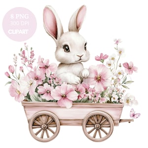 Hase mit Blumen Clipart PNG Bundle 8 High Quality| Aquarell rosa Kaninchen in Warenkorb | Digitaler Download| Druckbare Aufkleber Goodnotes |757