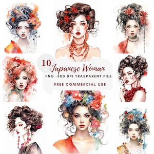 Clipart femme japonaise PNG, lot de 10 JPG haute qualité, téléchargement numérique, fabrication de cartes, créations numériques en papier, autocollants imprimables | 182