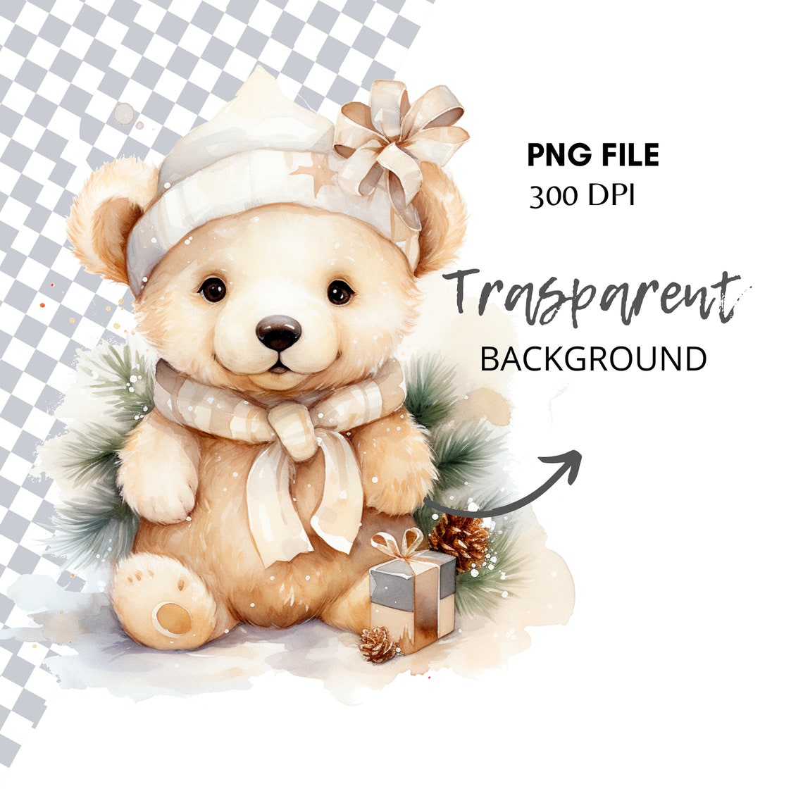 Christmas Teddy Bear, Watercolor Clipart PNG,15 High Quality Jpgs ...