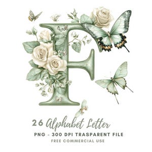 Paquete de 26 imágenes prediseñadas de letras del alfabeto floral PNG de alta calidad, mariposas con letras de acuarela, pegatinas imprimibles Goodnotes, descarga digital/ 675