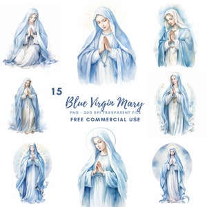 Clipart Vergine Maria, bundle 15 PNG di alta qualità, acquerello blu Nostra Signora, download digitale, adesivi stampabili, artigianato in carta digitale/ 485