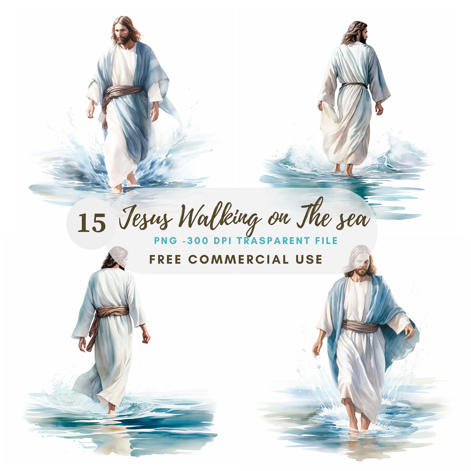 Jesus Christ Clipart Bundle 15 High Quality Png,watercolor Jesus on Sea ...