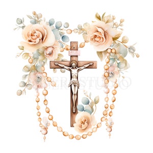 Pacchetto di clipart rosario fiore 15 PNG di alta qualità, acquerello croce, download digitale, creazione di cartoline, supporti misti, artigianato in carta digitale/ 71