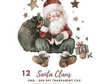 Watercolor Santa Claus Clipart, Bundle 12 High Quality PNG,Christmas Green Santa Claus ,Printable Stickers Goodnotes, Digital Download| 609
