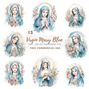 Clipart Vergine Maria, bundle 15 PNG di alta qualità, acquerello nostra Santa Maria, download digitale, creazione di cartoline, supporti misti, creazione di carta digitale/372