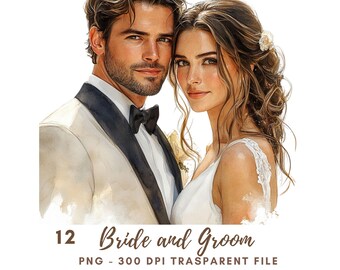 May include: A watercolor painting of a bride and groom. The bride is wearing a white dress and has long brown hair. The groom is wearing a white suit and a black bow tie. The painting is set against a white background.