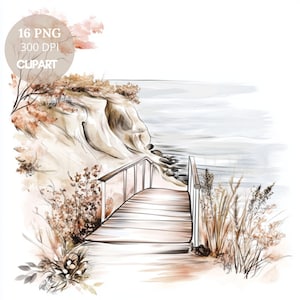Mer plage côtière Clipart PNG, lot de 16 haute qualité | Paysage marin aquarelle beige,autocollants imprimables Goodnotes| Téléchargement numérique| 819