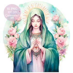Nostra Signora di Guadalupe, Acquerello Clipart PNG,15 JPG di alta qualità,Download digitale,Creazione di cartoline, Supporti misti, Mestiere con carta digitale/ 10