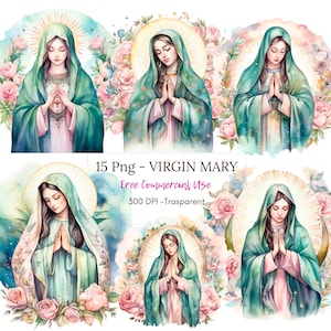 Clipart Nostra Signora di Guadalupe, bundle 15 PNG di alta qualità, acquerello Santa Maria, download digitale, creazione di cartoline, supporti misti, carta digitale/10
