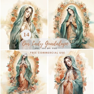 Nostra Signora di Guadalupe Clipart JPG,14 Alta qualità,Acquerello Vergine Maria Download digitale,Creazione di cartoline, Supporti misti, Mestiere di carta digitale/ 252