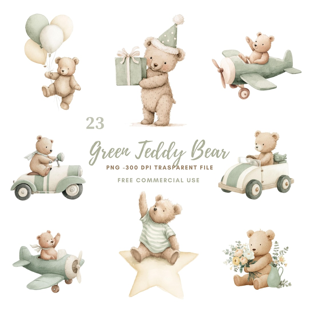 Green Teddy Bear Nursery Clipart PNG Bundle 23 High Quality| Watercolor ...