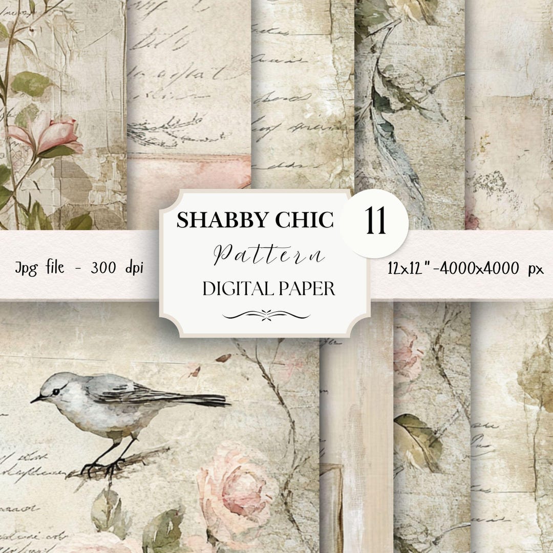 Shabby Chic Digital Paper Pack -11 Love Pages Scrapbook Junk Journal ...
