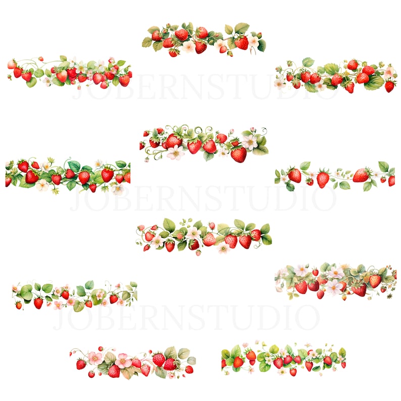 May include: Watercolour illustrations of strawberry vines featuring red berries, green leaves, and white blossoms. The designs are arranged in horizontal bands, ideal for decorative borders or patterns. The image has a clean, white background.