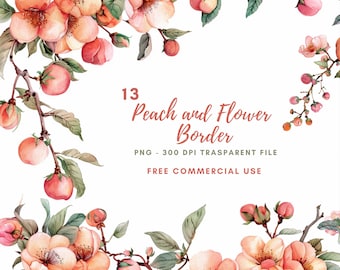 Peach Flower Garland Clipart Bundle 13 High Quality PNG,Watercolor Fruit Border,Wreath Peach,Digital Download,Card Making,Digital Paper|458