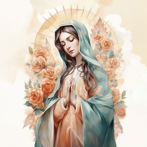 Nostra Signora di Guadalupe Clipart JPG,14 Alta qualità,Acquerello Vergine Maria Download digitale,Creazione di cartoline, Supporti misti, Mestiere di carta digitale/ 252
