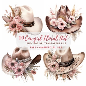 Aquarelle Cowgirl Hat Clipart PNG, Bundle 10 de haute qualité, Western, Téléchargement numérique, Fabrication de cartes, Artisanat en papier numérique, Autocollants imprimables|166