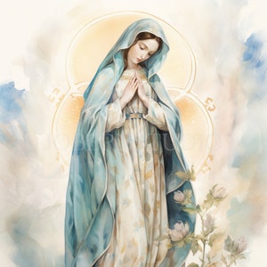 Clipart Vergine Maria, bundle 15 PNG di alta qualità, acquerello vintage Santa Maria, download digitale, creazione di cartoline, supporti misti, creazione di carta digitale/114