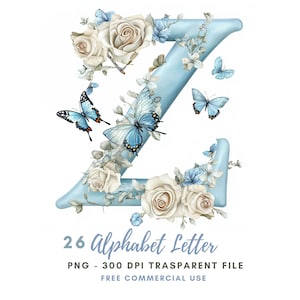 Pacchetto di clipart di lettere dell'alfabeto floreale 26 PNG di alta qualità, farfalle di lettere ad acquerello, adesivi stampabili Goodnotes, download digitale/ 676