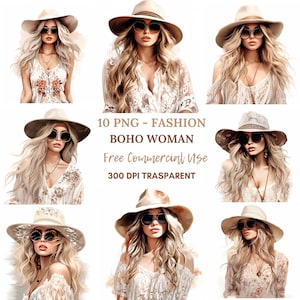 Boho Frau Clipart PNG Bundle 10 hohe Qualität, Aquarell Mode Mädchen, digitaler Download, Kartenherstellung, digitales Papier Handwerk | 207