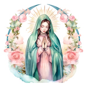 Nostra Signora di Guadalupe, Clipart ad acquerello PNG,15 JPG di alta qualità,Download digitale,Creazione di cartoline, Supporti misti, Mestiere con carta digitale/ 9