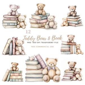 Teddy Bear and Book | Watercolor Nursery 12 Clipart PNG High Quality | Printable Stickers Goodnotes| Digital Download| 791