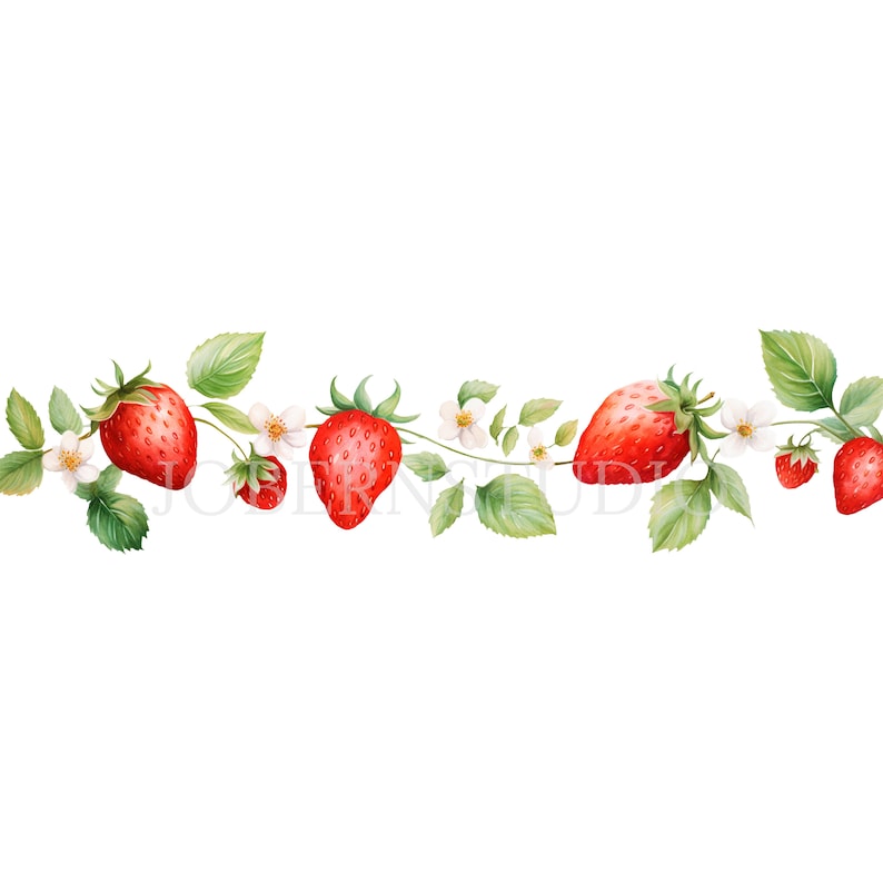 May include: A watercolour illustration of a strawberry vine featuring ripe red strawberries, green leaves, and white blossoms. The design is a horizontal border, suitable for craft projects and designs.
