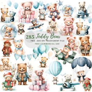 Teddy Bear Baby Shower Clipart PNG,285 High Quality JPGs,Aviator Teddy Bear, Watercolor Baby Party, Card Making, Digital Paper Craft|169