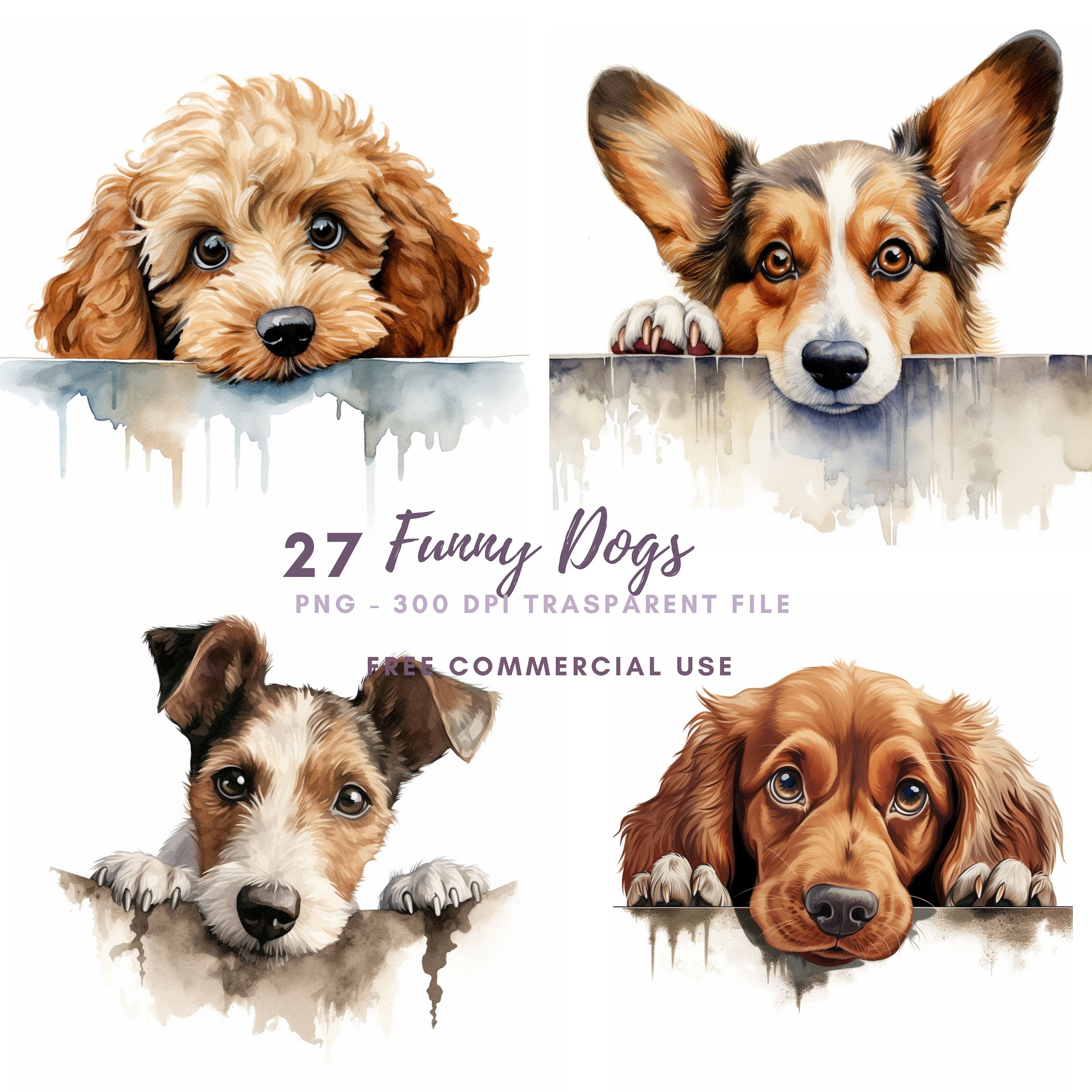 Watercolor Funny Dog Clipart, PNG JPG Bundle (digital Download ...