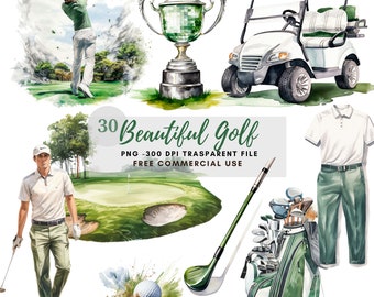 May include: A set of 30 watercolour illustrations of golf-themed items, including a golfer, a golf cart, a golf bag, a golf club, a golf ball, a green, and a trophy. The illustrations are in a green, white, and brown colour scheme. The text "30 Beautiful Golf PNG - 300 DPI Transparent File Free Commercial Use" is included in the image.