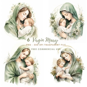 Vergine Maria Clipart, Pacchetto 6 PNG di alta qualità, Acquerello verde Madonna, Download digitale, Adesivi stampabili, Carta digitale artigianale/ 521