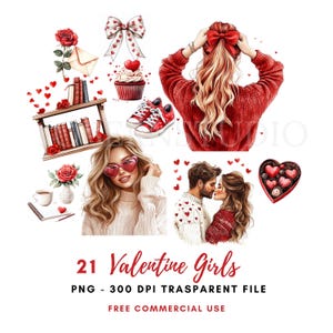 Paquete de 21 imágenes prediseñadas de chica de San Valentín en formato PNG de alta calidad/mujer amante de la acuarela/descarga digital, pegatinas imprimibles Goodnotes/725