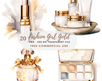 May include: A set of 20 gold-toned makeup and beauty products, including a lipstick, perfume bottle, eyeshadow palette, and jars of cream. The products are arranged on a white background with gold accents.